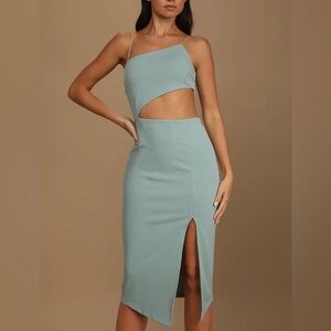 Lulus Flawless Attitude Sage Blue Asymmetrical Cutout Midi Dress XS